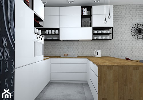 mieszkanie w loftowym klimacie - Średnia otwarta biała czarna z zabudowaną lodówką kuchnia w kształcie litery u z wyspą lub półwyspem, styl industrialny - zdjęcie od RedCubeDesign projektowanie wnętrz