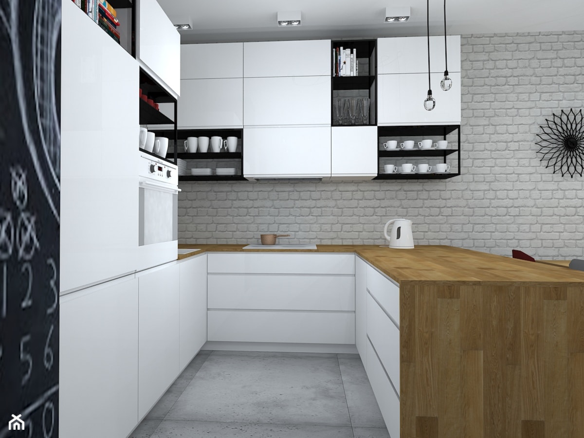 mieszkanie w loftowym klimacie - Średnia otwarta biała czarna z zabudowaną lodówką kuchnia w kształc ... - zdjęcie od RedCubeDesign projektowanie wnętrz - Homebook