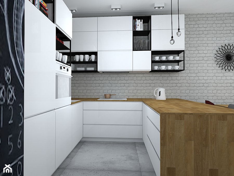 mieszkanie w loftowym klimacie - Średnia otwarta biała czarna z zabudowaną lodówką kuchnia w kształcie litery u z wyspą lub półwyspem, styl industrialny - zdjęcie od RedCubeDesign projektowanie wnętrz