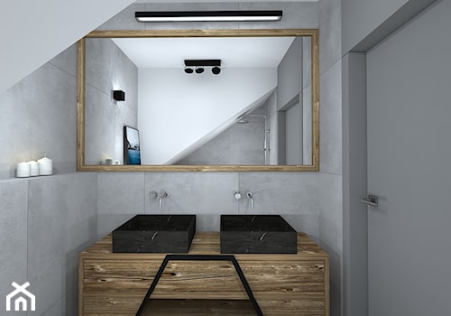 wszystkie odcienie grafitowej szarości - Mała na poddaszu bez okna z lustrem z dwoma umywalkami łazienka, styl nowoczesny - zdjęcie od RedCubeDesign projektowanie wnętrz