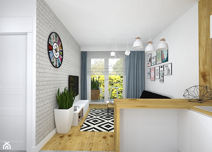 35-metrowe mieszkanko do wynajęcia - Mały biały szary salon z kuchnią z tarasem / balkonem, styl skandynawski - zdjęcie od RedCubeDesign projektowanie wnętrz