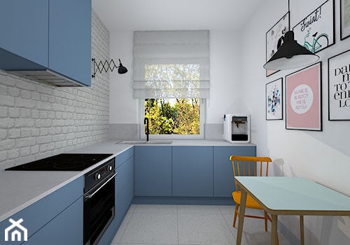 mieszkanie w kamienicy - Mała zamknięta z salonem biała z zabudowaną lodówką z nablatowym zlewozmywakiem kuchnia w kształcie litery l z oknem, styl nowoczesny - zdjęcie od RedCubeDesign projektowanie wnętrz
