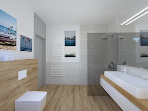 morska szeregówka w Tyńcu - Średnia bez okna z lustrem z dwoma umywalkami łazienka, styl nowoczesny - zdjęcie od RedCubeDesign projektowanie wnętrz