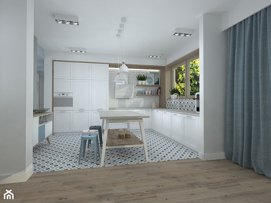 Duża otwarta biała z zabudowaną lodówką kuchnia w kształcie litery l, styl skandynawski - zdjęcie od RedCubeDesign projektowanie wnętrz