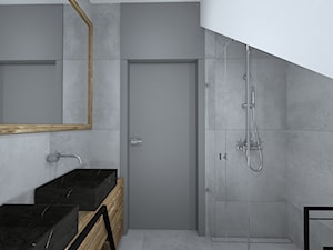 wszystkie odcienie grafitowej szarości - Średnia na poddaszu bez okna z lustrem z dwoma umywalkami łazienka, styl nowoczesny - zdjęcie od RedCubeDesign projektowanie wnętrz