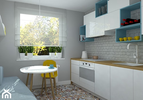 kawalerka na wesoło - Mała z salonem biała szara z podblatowym zlewozmywakiem kuchnia jednorzędowa, styl skandynawski - zdjęcie od RedCubeDesign projektowanie wnętrz
