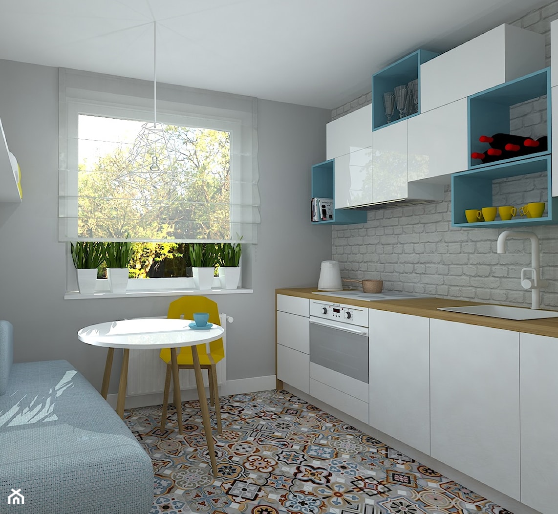 kawalerka na wesoło - Mała z salonem biała szara z podblatowym zlewozmywakiem kuchnia jednorzędowa, styl skandynawski - zdjęcie od RedCubeDesign projektowanie wnętrz - Homebook