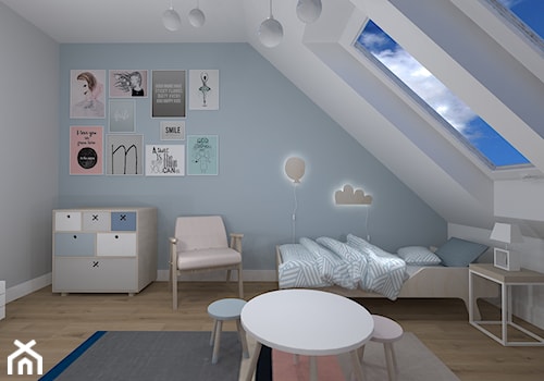 pokój dziecięcy na poddaszu - Mały szary niebieski pokój dziecka dla dziecka dla nastolatka dla chłopca dla dziewczynki, styl skandynawski - zdjęcie od RedCubeDesign projektowanie wnętrz