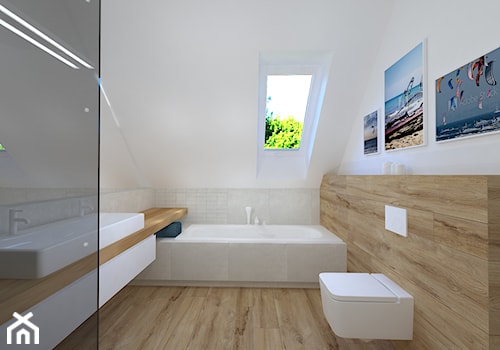 morska szeregówka w Tyńcu - Średnia na poddaszu z dwoma umywalkami łazienka z oknem, styl nowoczesny - zdjęcie od RedCubeDesign projektowanie wnętrz