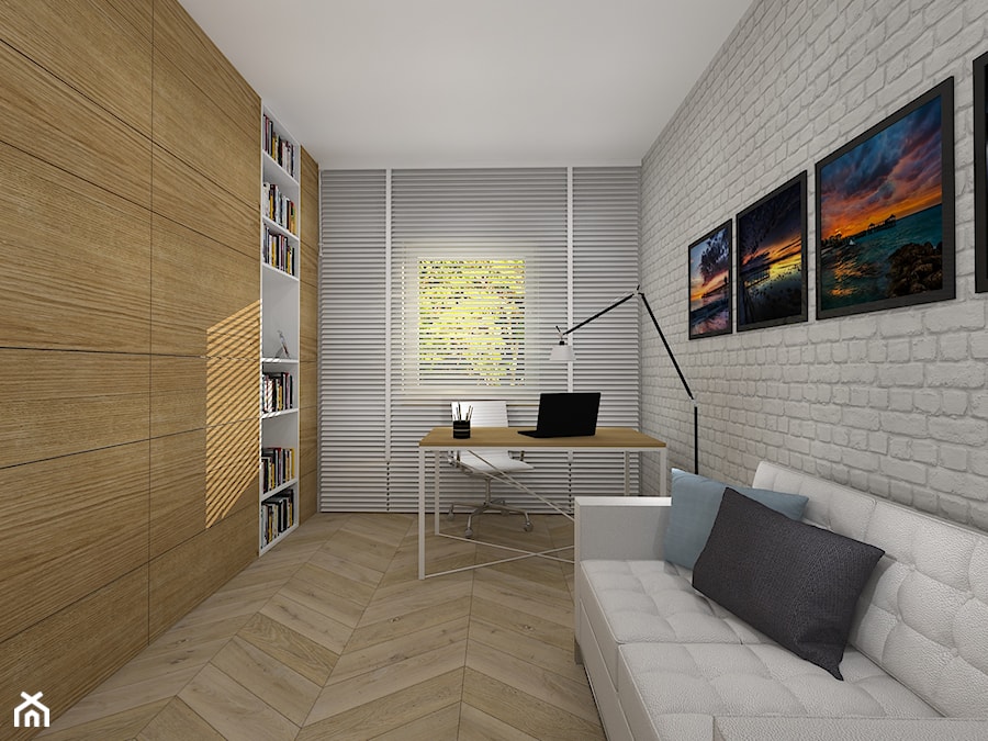 nowocześnie i przytulnie - dom w Kaliszu - Średnie w osobnym pomieszczeniu z sofą szare biuro, styl nowoczesny - zdjęcie od RedCubeDesign projektowanie wnętrz