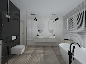klasyka z nutką granatu - Duża z lustrem z dwoma umywalkami ze szkłem na ścianie z marmurową podłogą z punktowym oświetleniem łazienka z oknem, styl tradycyjny - zdjęcie od RedCubeDesign projektowanie wnętrz