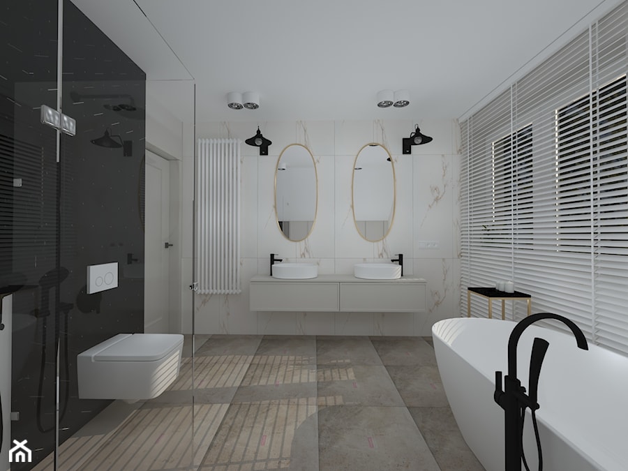 klasyka z nutką granatu - Duża z lustrem z dwoma umywalkami ze szkłem na ścianie z marmurową podłogą z punktowym oświetleniem łazienka z oknem, styl tradycyjny - zdjęcie od RedCubeDesign projektowanie wnętrz