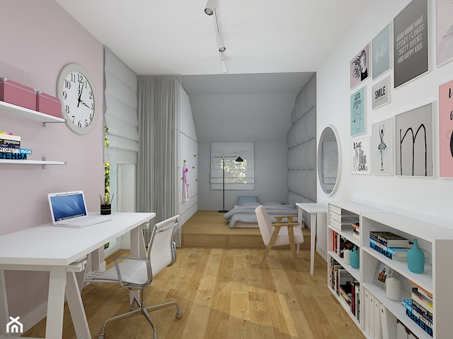 pokój dla nastolatki - Duży biały różowy szary pokój dziecka dla nastolatka dla dziewczynki, styl skandynawski - zdjęcie od RedCubeDesign projektowanie wnętrz