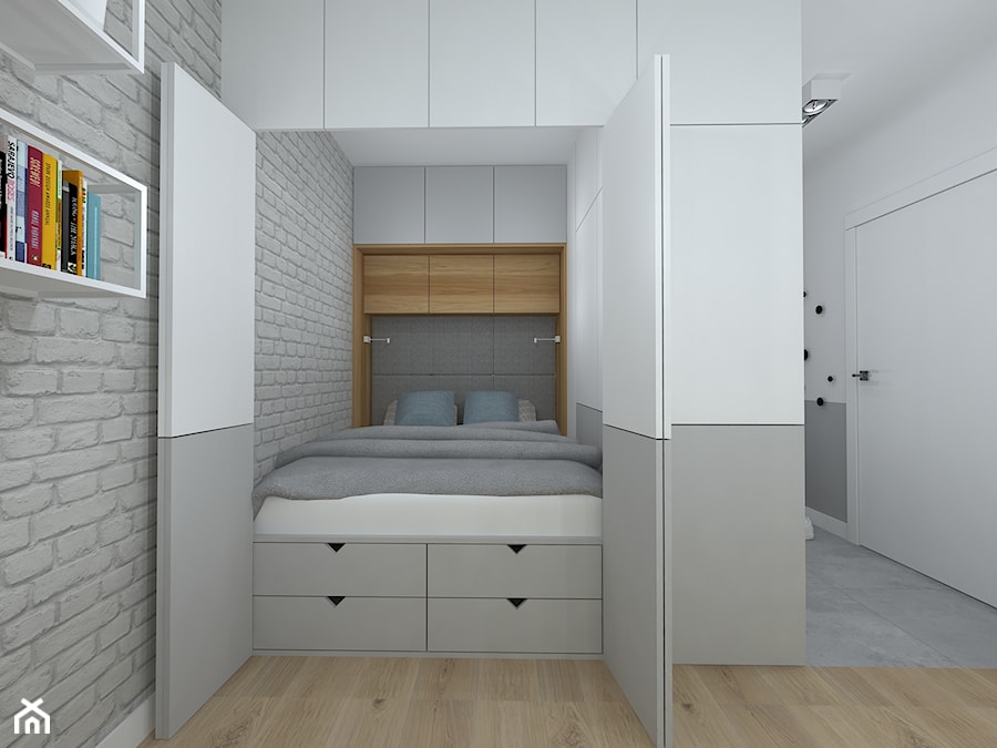 biało szara kawalerka do wynajęcia - Sypialnia, styl nowoczesny - zdjęcie od RedCubeDesign projektowanie wnętrz