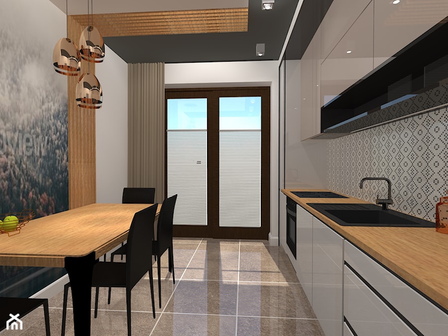 Kuchnia - Średnia otwarta biała z zabudowaną lodówką z podblatowym zlewozmywakiem kuchnia jednorzędowa z oknem, styl nowoczesny - zdjęcie od Wnętrza Dabińska