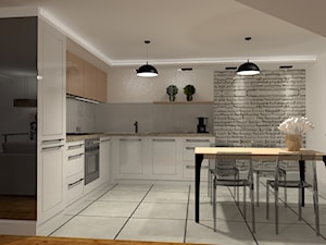 Adaptacja poddasza II - Duża otwarta z kamiennym blatem biała z zabudowaną lodówką kuchnia w kształcie litery l, styl tradycyjny - zdjęcie od Wnętrza Dabińska