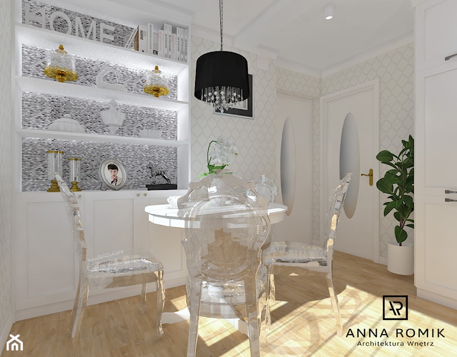 Kuchnia Glamour - Średnia beżowa biała jadalnia jako osobne pomieszczenie, styl glamour - zdjęcie od Anna Romik Architektura Wnętrz