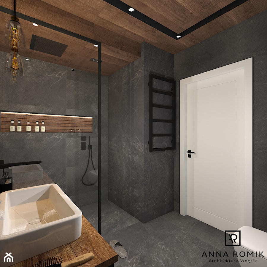 Łazienka 4 - Mała na poddaszu bez okna z marmurową podłogą z punktowym oświetleniem łazienka, styl industrialny - zdjęcie od Anna Romik Architektura Wnętrz