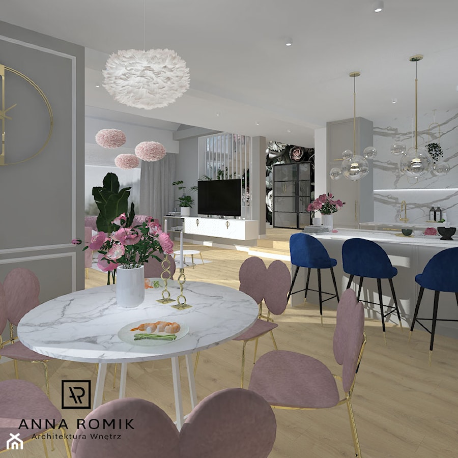 Salon z kuchnią 13 - Salon, styl glamour - zdjęcie od Anna Romik Architektura Wnętrz