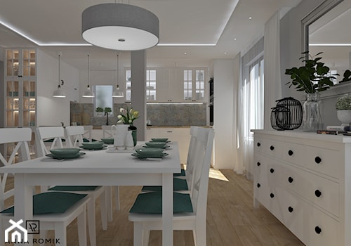 Salon z kuchnią 4 - Duża otwarta szara z zabudowaną lodówką kuchnia w kształcie litery u, styl skandynawski - zdjęcie od Anna Romik Architektura Wnętrz
