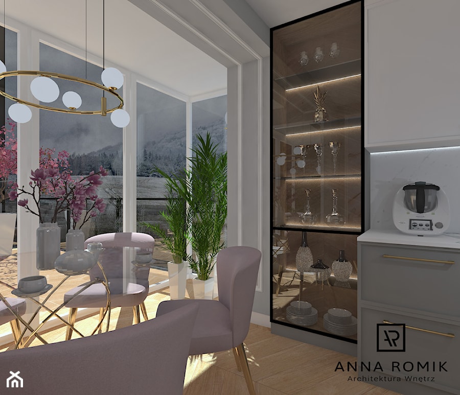 Kuchnia 7 - Średnia otwarta z salonem biała kuchnia jednorzędowa z oknem, styl glamour - zdjęcie od Anna Romik Architektura Wnętrz