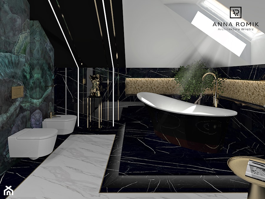 Łazienka 51 - Duża jako pokój kąpielowy z marmurową podłogą łazienka z oknem, styl glamour - zdjęcie od Anna Romik Architektura Wnętrz