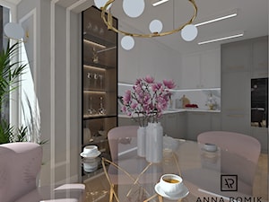 Kuchnia 7 - Średnia otwarta z salonem biała szara z zabudowaną lodówką z podblatowym zlewozmywakiem kuchnia w kształcie litery l z oknem, styl glamour - zdjęcie od Anna Romik Architektura Wnętrz