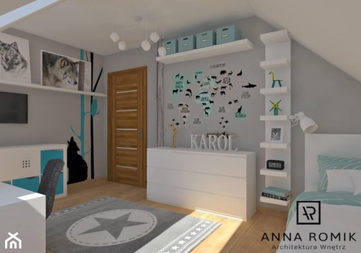 Pokój chłopięcy - Średni biały szary pokój dziecka dla nastolatka dla chłopca, styl skandynawski - zdjęcie od Anna Romik Architektura Wnętrz