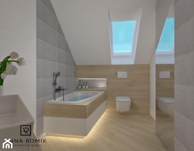 Łazienka - Średnia na poddaszu z lustrem łazienka z oknem, styl nowoczesny - zdjęcie od Anna Romik Architektura Wnętrz