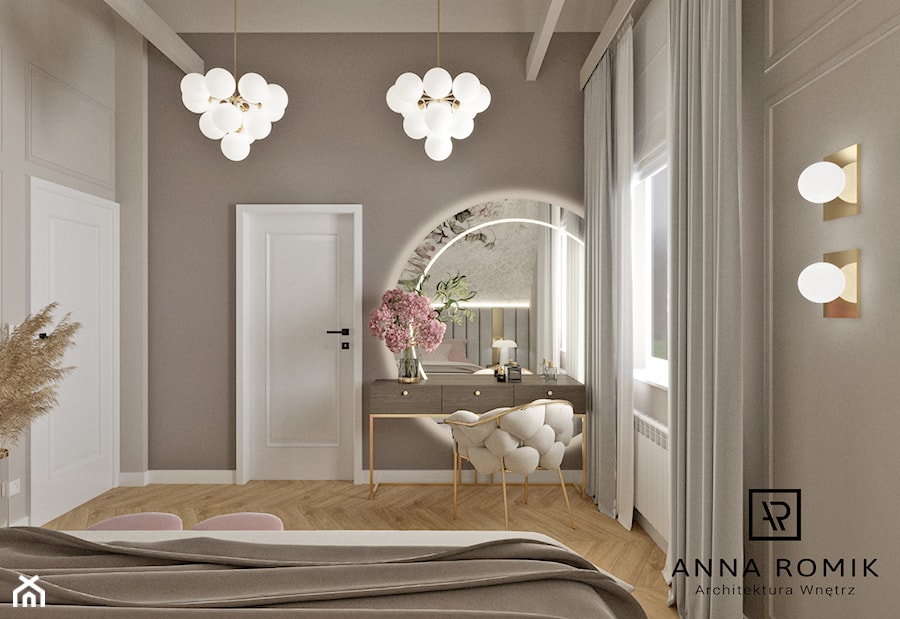 Sypialnia 19 - Średnia beżowa szara sypialnia, styl glamour - zdjęcie od Anna Romik Architektura Wnętrz