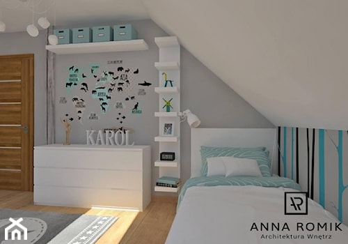 Pokój chłopięcy - Średni biały szary pokój dziecka dla dziecka dla nastolatka dla chłopca, styl skandynawski - zdjęcie od Anna Romik Architektura Wnętrz