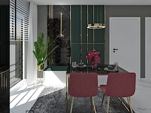 Salon z kuchnią 17 - Mała czarna szara zielona jadalnia w salonie, styl glamour - zdjęcie od Anna Romik Architektura Wnętrz