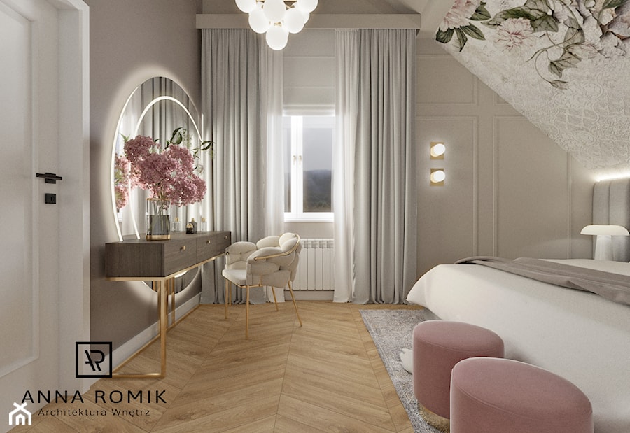 Sypialnia 19 - Duża beżowa z biurkiem sypialnia, styl glamour - zdjęcie od Anna Romik Architektura Wnętrz
