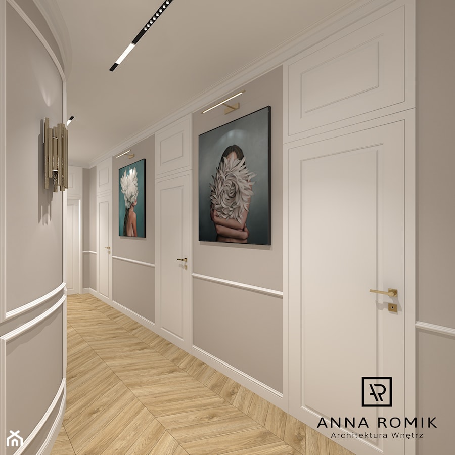 Hol / przedpokój 1 - Duży beżowy biały szary z farbą na ścianie z drzwiami przylgowymi z malowanymi drzwiami z frezowanymi drzwiami hol / przedpokój, styl glamour - zdjęcie od Anna Romik Architektura Wnętrz