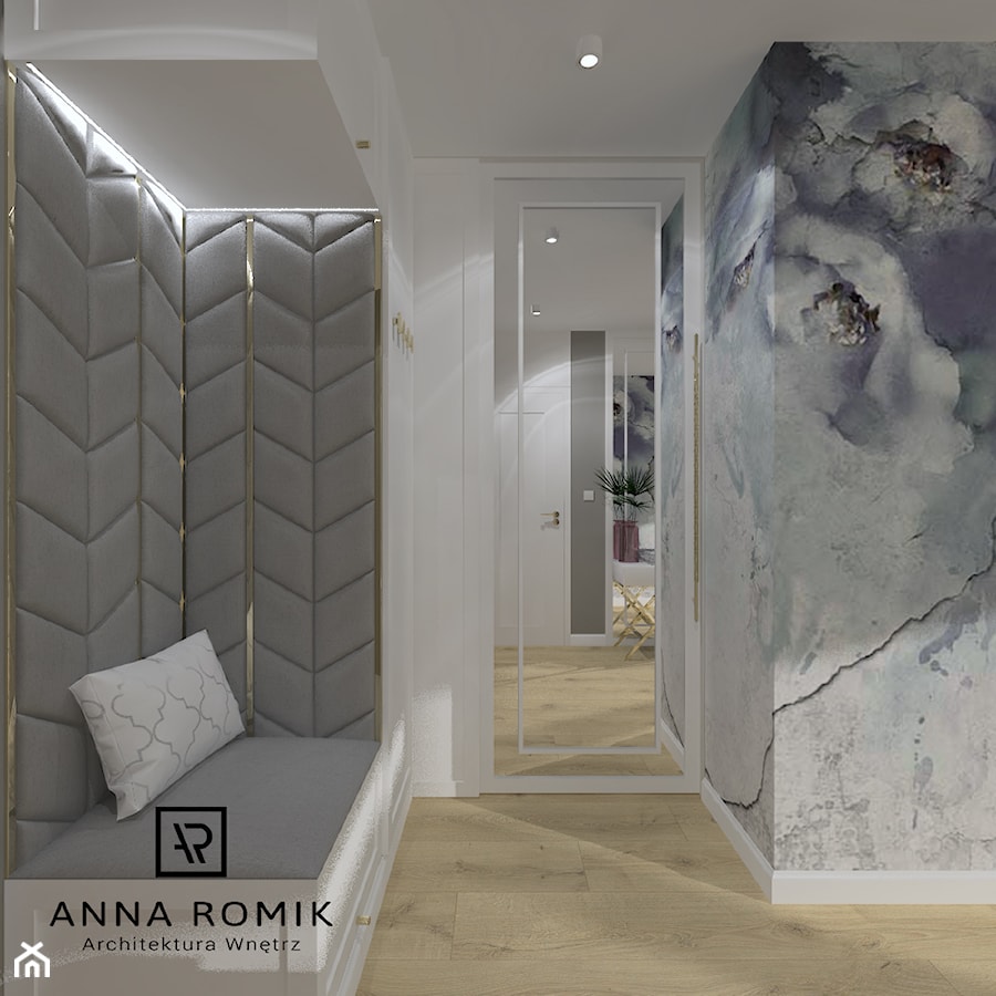 Salon z kuchnią 12 - Mały z wieszakiem biały niebieski hol / przedpokój, styl glamour - zdjęcie od Anna Romik Architektura Wnętrz