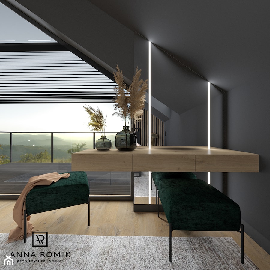 Sypialnia 12 - Duża szara z biurkiem sypialnia z balkonem / tarasem, styl nowoczesny - zdjęcie od Anna Romik Architektura Wnętrz
