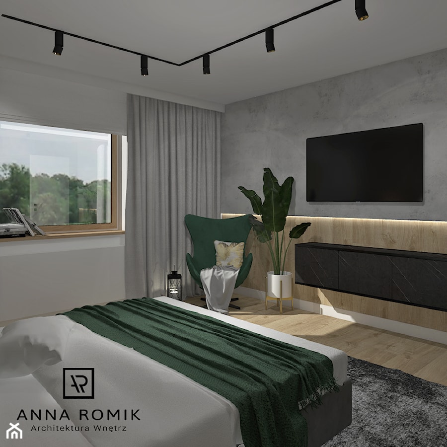 Sypialnia 7 - Średnia beżowa biała szara sypialnia, styl nowoczesny - zdjęcie od Anna Romik Architektura Wnętrz