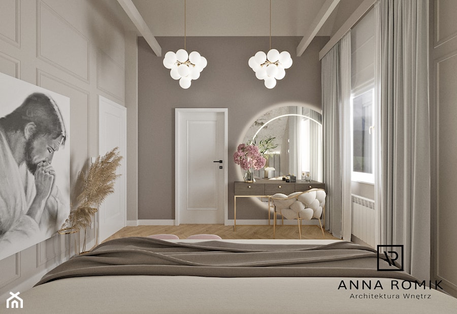 Sypialnia 19 - Średnia beżowa biała szara sypialnia, styl glamour - zdjęcie od Anna Romik Architektura Wnętrz