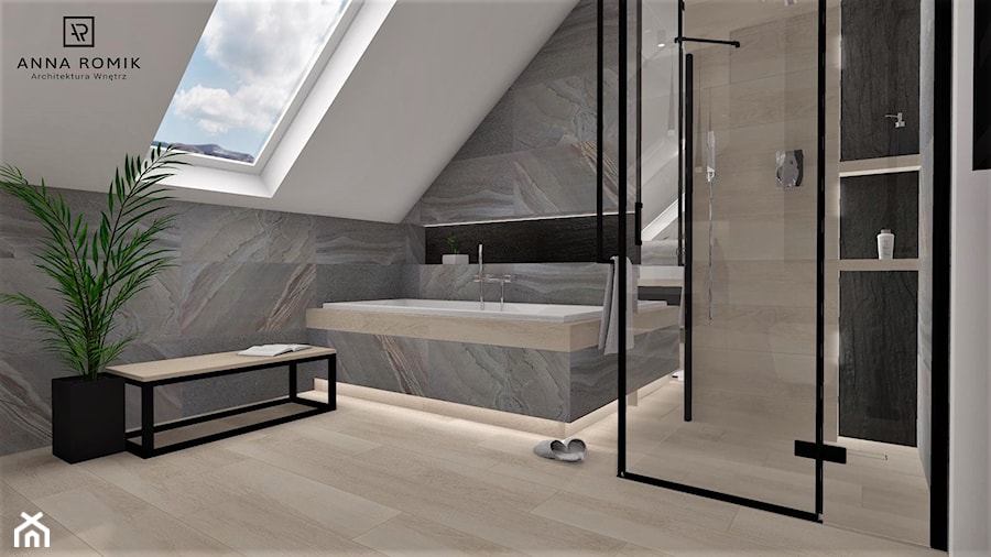 Łazienka 16 - Średnia na poddaszu jako pokój kąpielowy łazienka z oknem, styl nowoczesny - zdjęcie od Anna Romik Architektura Wnętrz