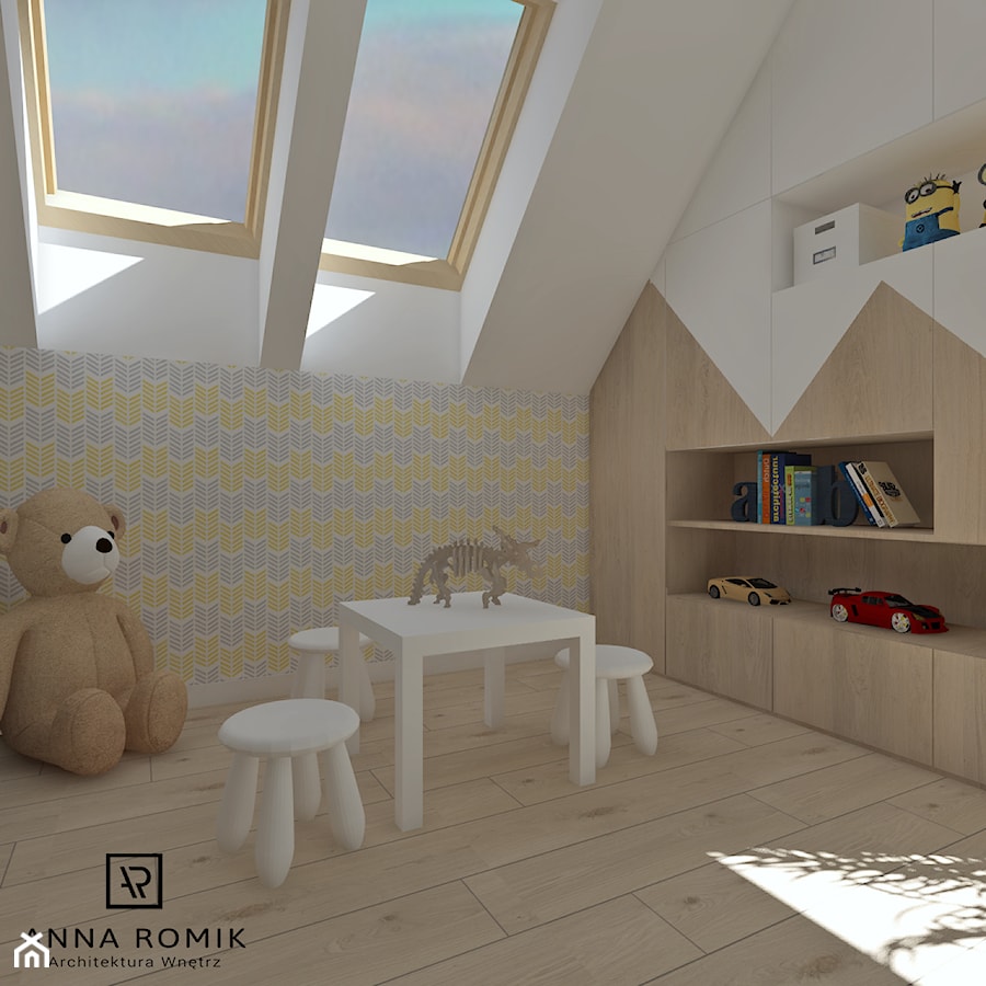 Pokój dziecięcy 3 - Mały biały szary żółty pokój dziecka dla dziecka dla chłopca dla dziewczynki, styl skandynawski - zdjęcie od Anna Romik Architektura Wnętrz