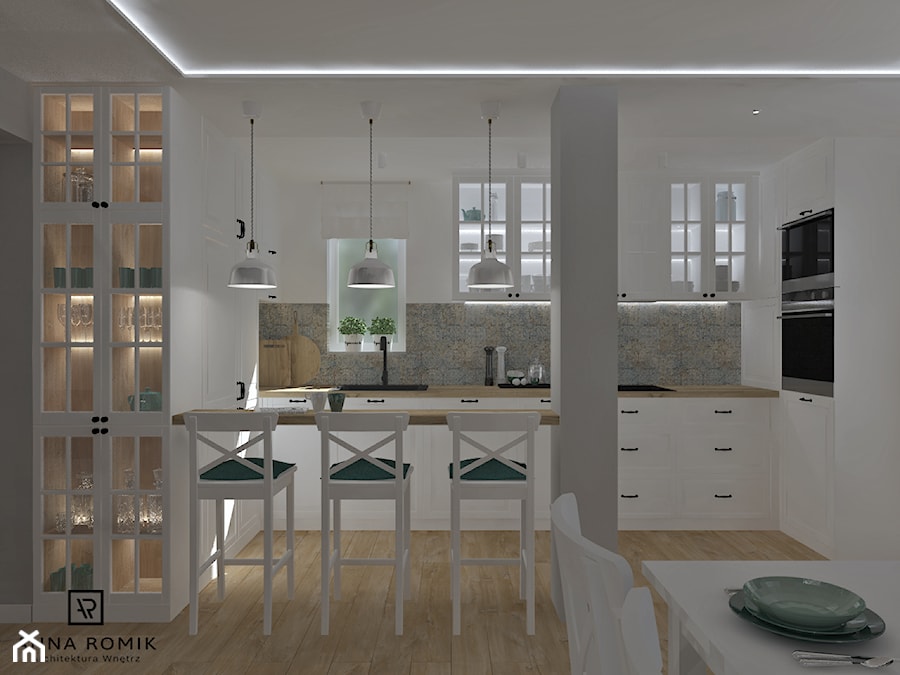 Salon z kuchnią 4 - Średnia otwarta biała szara z zabudowaną lodówką z podblatowym zlewozmywakiem kuchnia, styl skandynawski - zdjęcie od Anna Romik Architektura Wnętrz