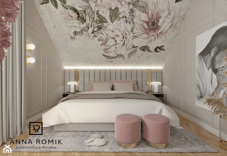 Sypialnia 19 - Średnia beżowa biała sypialnia, styl glamour - zdjęcie od Anna Romik Architektura Wnętrz