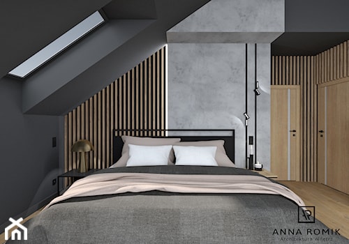 Sypialnia 12 - Średnia brązowa szara z panelami tapicerowanymi sypialnia, styl nowoczesny - zdjęcie od Anna Romik Architektura Wnętrz