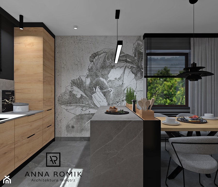 Kuchnia 8 - Średnia otwarta z salonem czarna szara z zabudowaną lodówką kuchnia jednorzędowa dwurzędowa z wyspą lub półwyspem z oknem, styl nowoczesny - zdjęcie od Anna Romik Architektura Wnętrz
