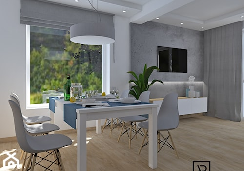 Salon z kuchnią 1 - Mały biały szary salon z jadalnią, styl skandynawski - zdjęcie od Anna Romik Architektura Wnętrz