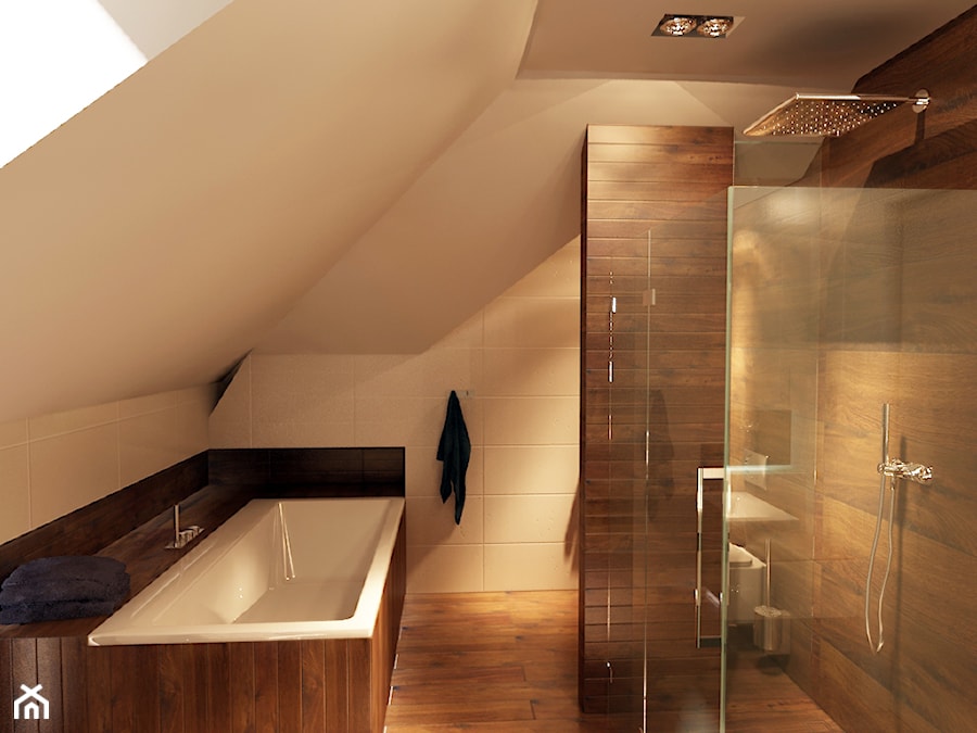 Łazienka na poddaszu w dwóch odsłonach - Średnia na poddaszu łazienka z oknem, styl nowoczesny - zdjęcie od New Concept Design