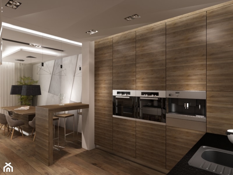 Dom w Myszkowie - Duża otwarta z zabudowaną lodówką z nablatowym zlewozmywakiem kuchnia w kształcie litery l, styl nowoczesny - zdjęcie od New Concept Design