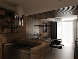 Drewno i cegła - Duży biały salon z kuchnią, styl nowoczesny - zdjęcie od New Concept Design