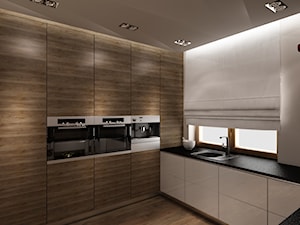 Dom w Myszkowie - Średnia zamknięta z kamiennym blatem szara z zabudowaną lodówką z nablatowym zlewozmywakiem kuchnia w kształcie litery u z oknem, styl nowoczesny - zdjęcie od New Concept Design