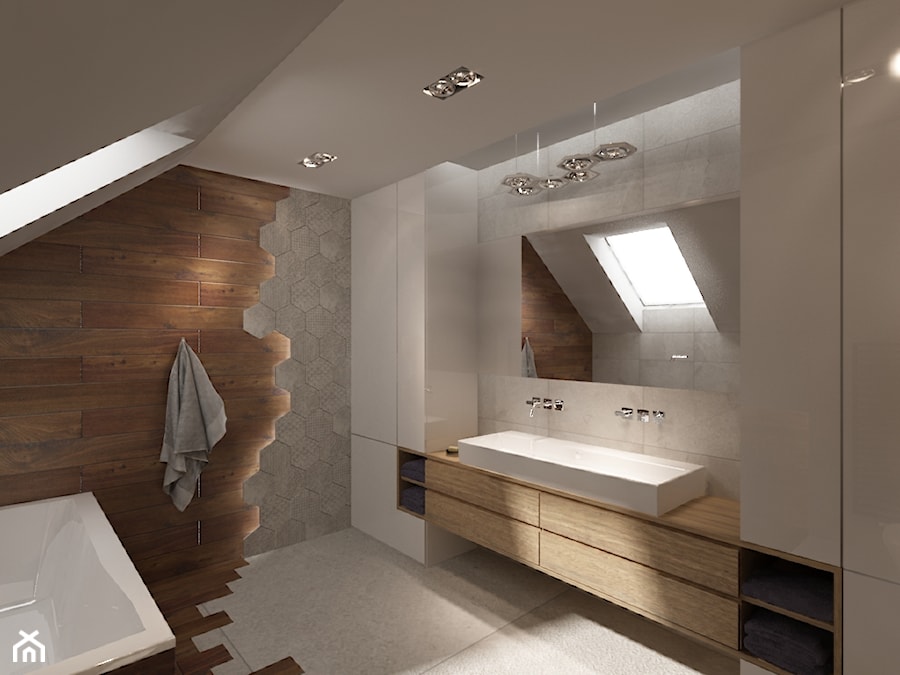 Dom w Myszkowie - Średnia na poddaszu z dwoma umywalkami łazienka z oknem, styl nowoczesny - zdjęcie od New Concept Design